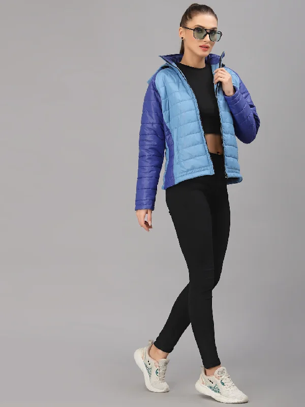 trendy plaid coat for women -JUMP USA Women Sky Blue & Royal Blue Solid Active Wear Jacket With Hood