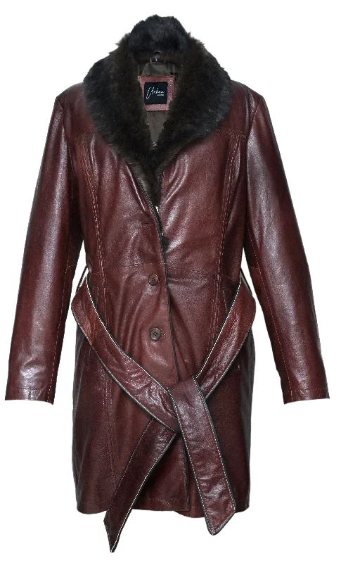 casual zip-up hoodie jacket for women -TB-30 LONG WOMEN LEATHER JACKET WITH FUR COLLAR