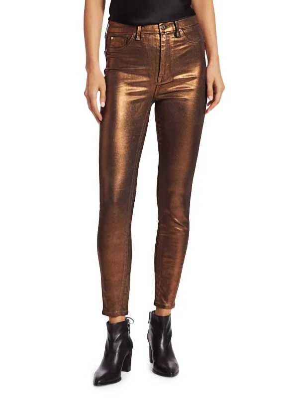 ladies' dark denim skinny jeans -Metallic Coated Jeans In Bronze