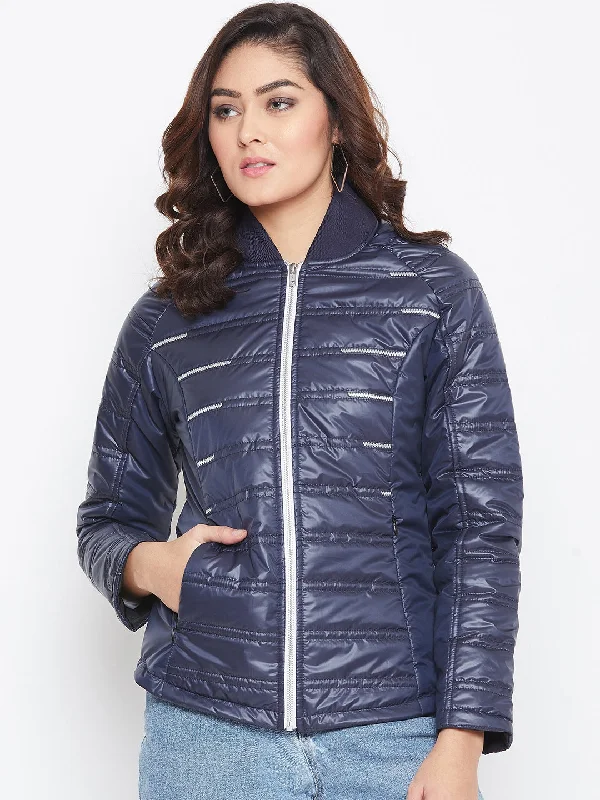 structured blazer jacket for women -JUMP USA Women Blue Solid Padded Jacket