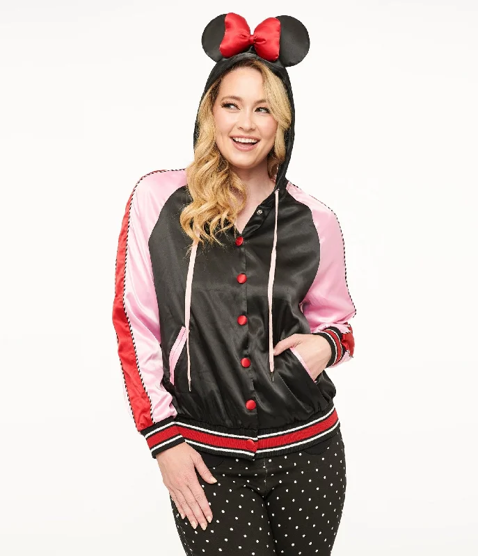 women's lightweight cargo jacket -Disney Mickey & Friends Collection by Unique Vintage Minnie Mouse Hooded Satin Bomber Jacket