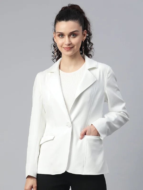 women's double-breasted coat -Notched Lapel Light Weight Stretch Jacket - White