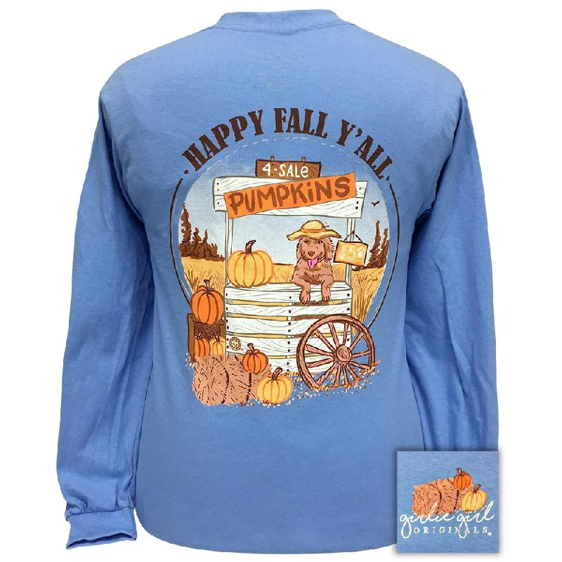 fashionable asymmetrical hem top for ladies -Fall Pumpkin Scene-Carolina Blue LS-2312