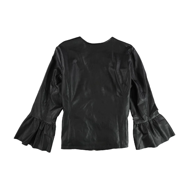 structured blazer jacket for women -Alfani Womens Ruffle Faux-Leather Jacket, Black, X-Large