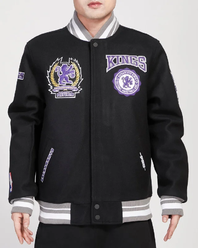 women's faux fur-lined parka -NBA SACRAMENTO KINGS REST EMBLEM RIB WOOL VARSITY JACKET (BLACK/GRAY)