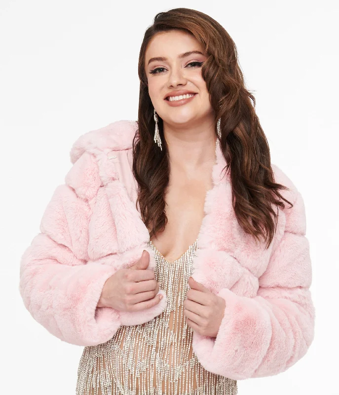 stylish longline coat for women -Pink Faux Fur Puffer Crop Jacket