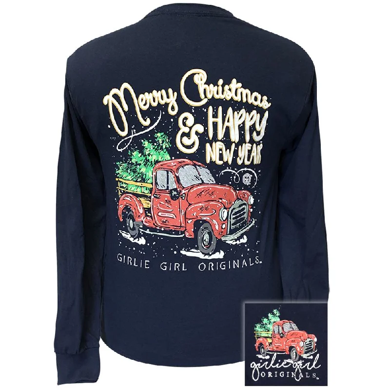 cute button-front blouse for women -Christmas Truck-Navy LS-2134