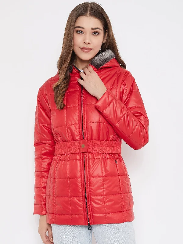 ladies' cashmere overcoat -JUMP USA Women Red Solid Padded Jacket