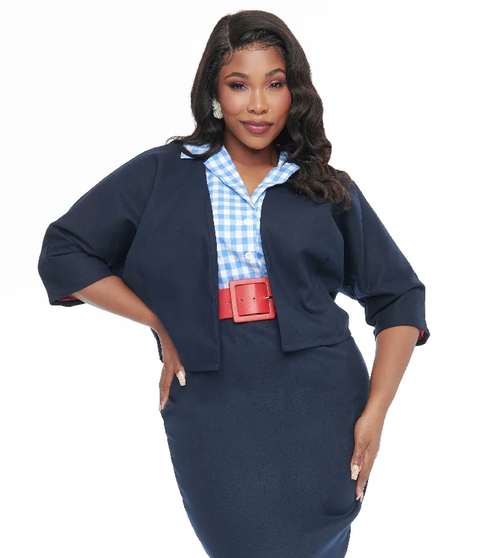 women's cropped bomber jacket -Barbie x Unique Vintage Plus Size 1950s Navy Barbie Commuter Set Box Coat