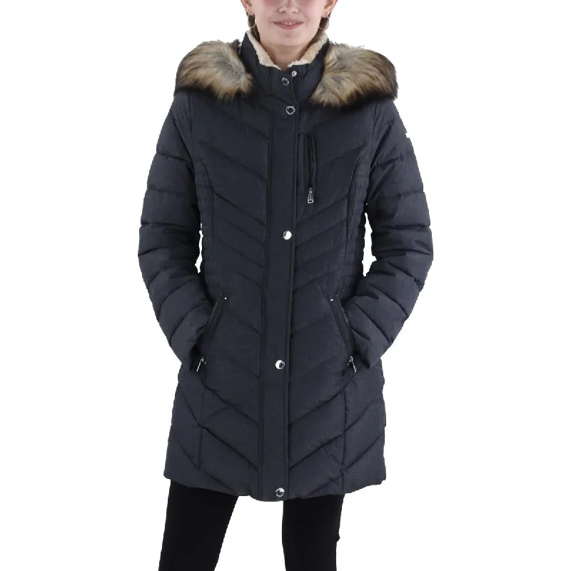 fitted wool blend coat for women -Womens Faux Fur Trim Hooded Puffer Jacket