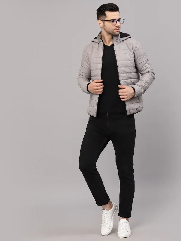 cropped faux leather jacket for women -JUMP USA Men Grey Rapid-Dry Solid Sporty Jackets With Hood