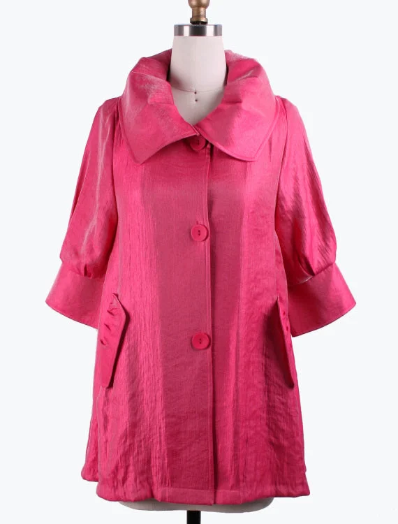 warm padded coat for women -DAMEE NYC FUSCHIA LONG SWING JACKET WITH POCKETS 200