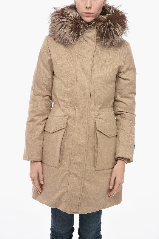 structured blazer jacket for women -Woolrich Wool Blend MILITARY Padded Parka with Fox Fur Detail