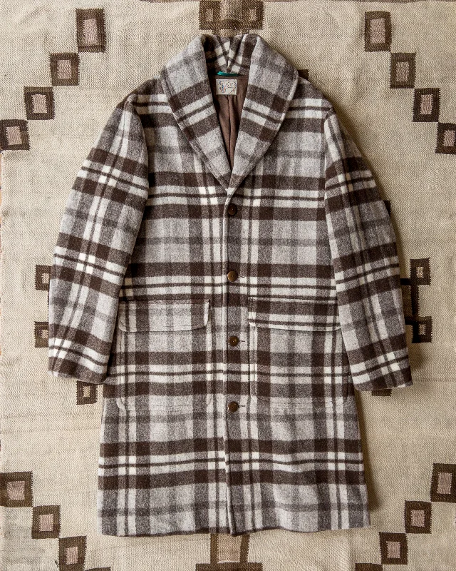 women's double-breasted coat -Shawl Collar Wool Overcoat - Brown/Cream Plaid Casentino