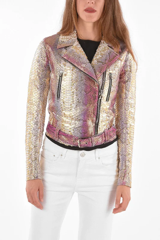 warm shearling coat for women -Philipp Plein COUTURE Python Leather PINK MOOD Biker Jacket