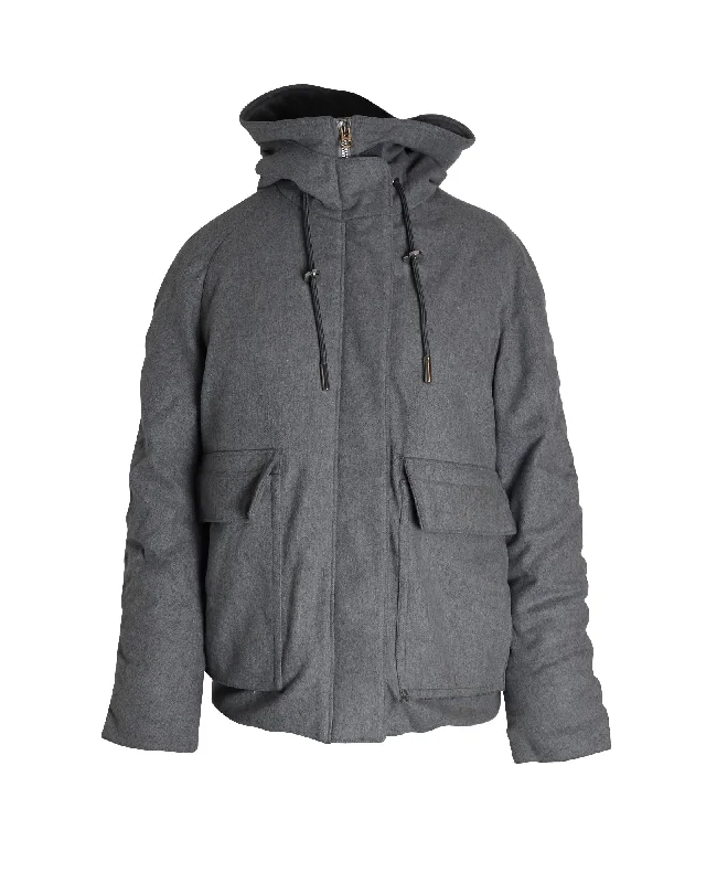 ladies' longline puffer coat -Acne Studios Asa Puffed Hooded Winter Jacket in Grey Wool