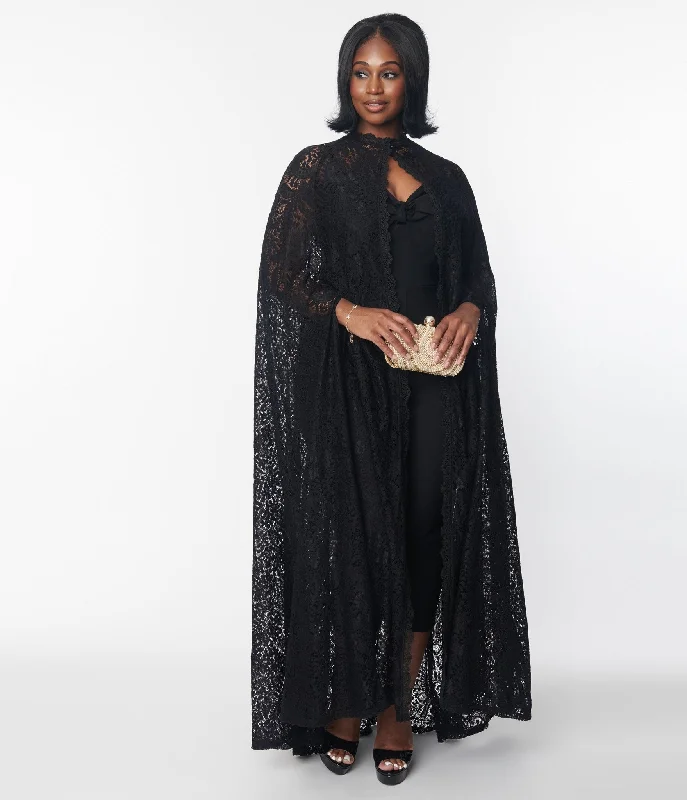 women's belted trench coat -Unique Vintage Black Paisley Lace Cape