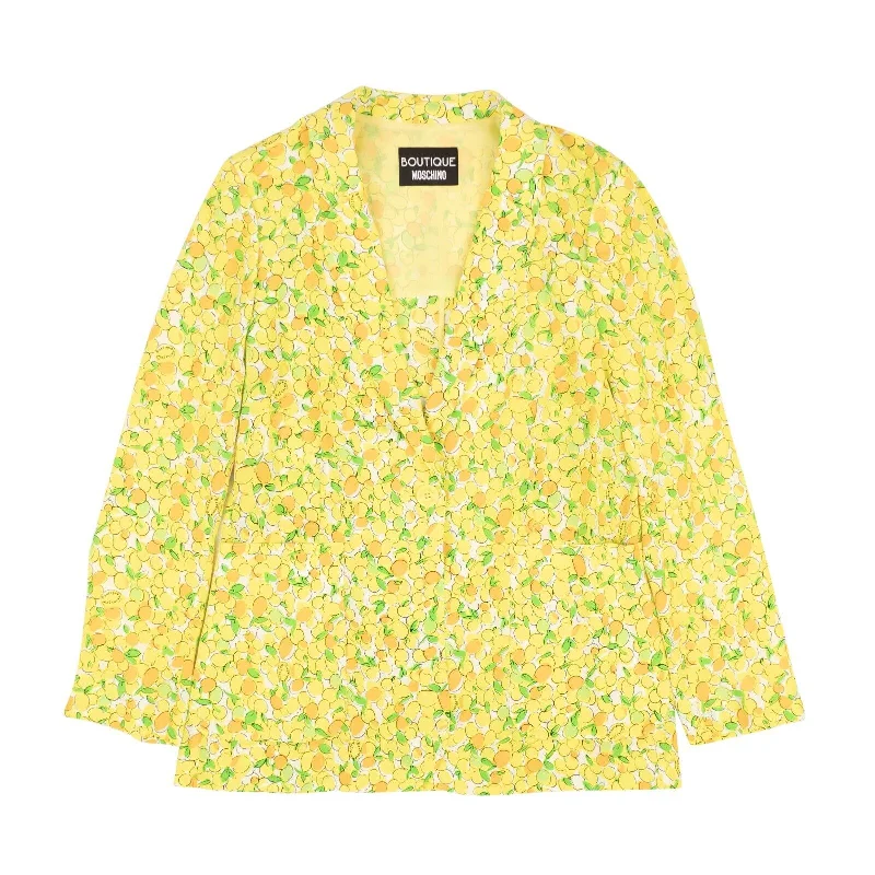 women's teddy bear coat -NWT BOUTIQUE MOSCHINO Yellow Lemon Print Silk Blazer Jacket