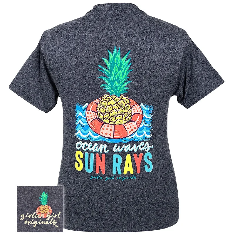 trendy button-down crop top for women -Sun Rays Pineapple Heather Navy SS-2471